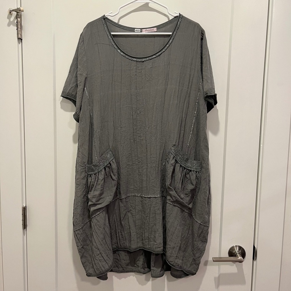 Obsession Italy Gray Linen Blend Crinkle Tunic Top Metallic Trim Pockets L/XL